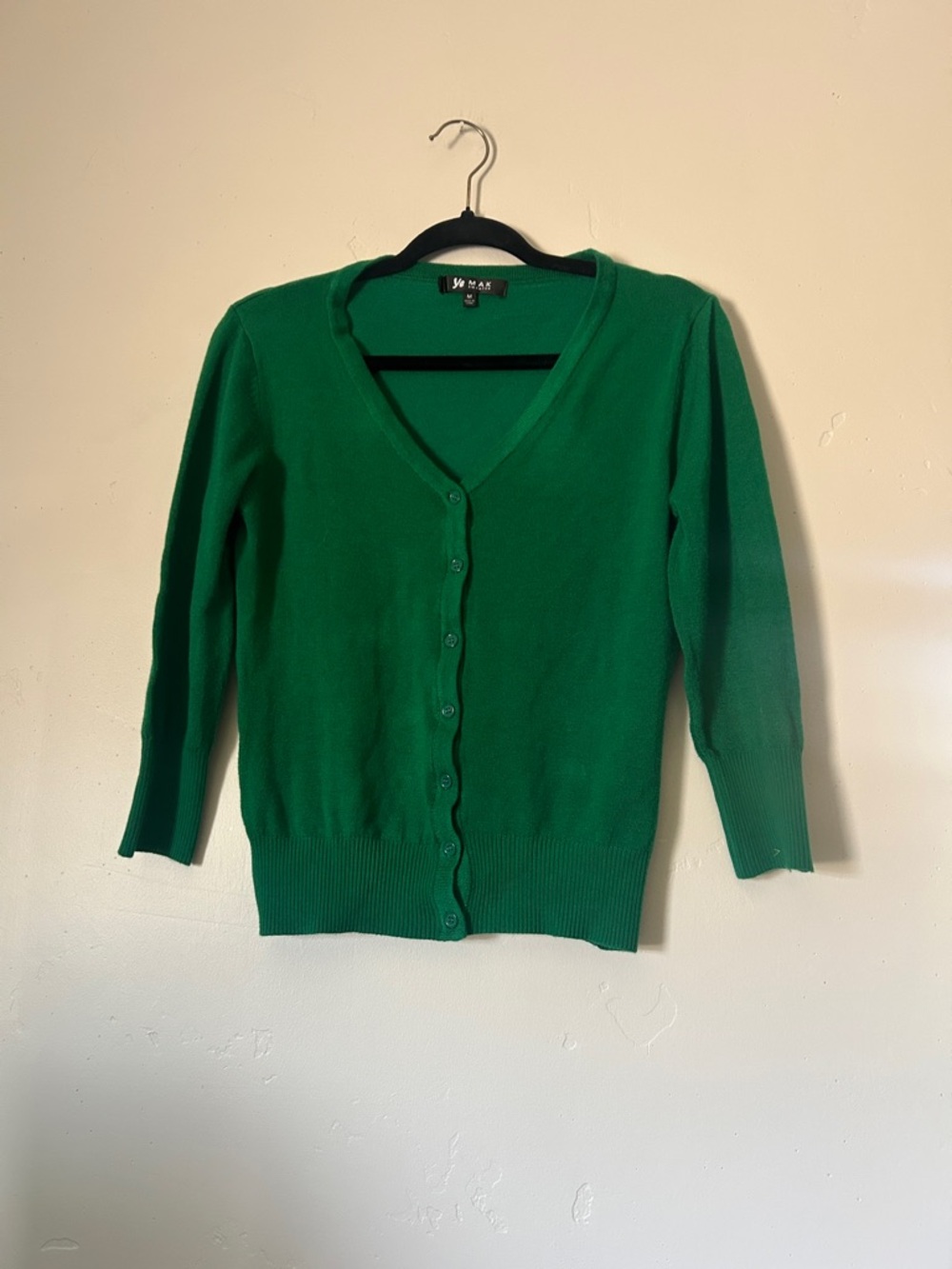 Yemak Women’s Green V-Neck Button 3/4 Sleeve Cardigan Sweater Sz Medium